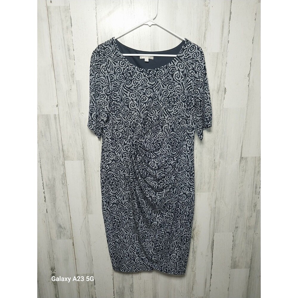 Women's Signature Sadie Ruched Navy Blue and White Short Sleeve Dress Size 16W